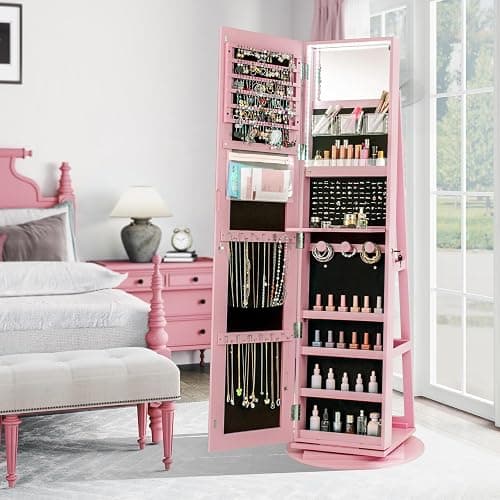 CHARMAID 360° Swivel Jewelry Armoire with Full Length Mirror, Rear Storage Shelves, Lockable Standing Jewelry Cabinet Organizer with Interior Vanity Mirror and 3-Color Lights (Pink) - Pink thumbnail 9