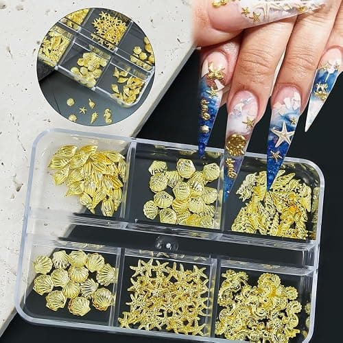 Gold Nail Charms, 2Boxes Gold Star Ocean Nail Gems Charms, Metal Small Star Moon Seashell Starfish Summer Charms for Acrylic Nail Art Alloy Nail Rhinestones for Women DIY Accessories thumbnail 7