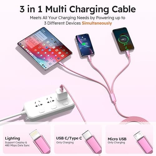 USB A + USB C Multi Charging Cable 4ft 2Pack 3 in 1 Charger Cord, Multiple Nylon Braided Cable USB Charging Cable Multi Phone Charger Cord with Type C Micro Lightning USB Connectors for Cell Phones thumbnail 3