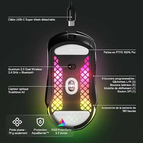 SteelSeries Aerox 5 Wireless - Souris gaming perforée RGB - Design ultra-léger et étanche - 9 boutons - Bluetooth/2.4 GHz - Capteur optique TrueMove Air 18K DPI thumbnail 3