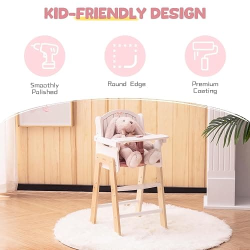 ROBUD Play High Chair, Pretend Play High Chair | with Cushion, Movable Table, Wooden Baby Doll Accessories, Fits 18-20 Inch Dolls, White thumbnail 6