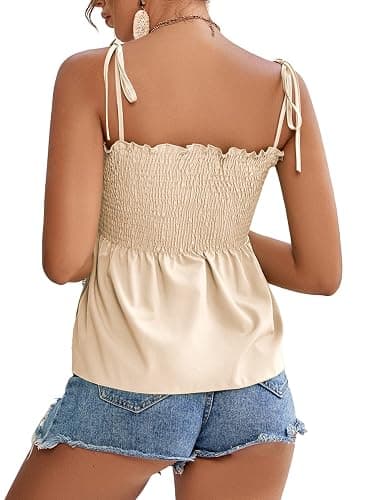 LYANER Women's Tie Shoulder Frill Shirred Ruffle Hem Sleeveless Strappy Cami Blouse Peplum Top thumbnail 2