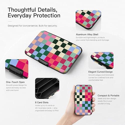 WixScribe Credit Card Holder Multicolor Checker Mini Aluminum Wallet | ABS Business ID Case,Hard Case Large Capacity 6 Slots, Waterproof Durable ，Secure Closure Slim Small Credit Card Protector thumbnail 5
