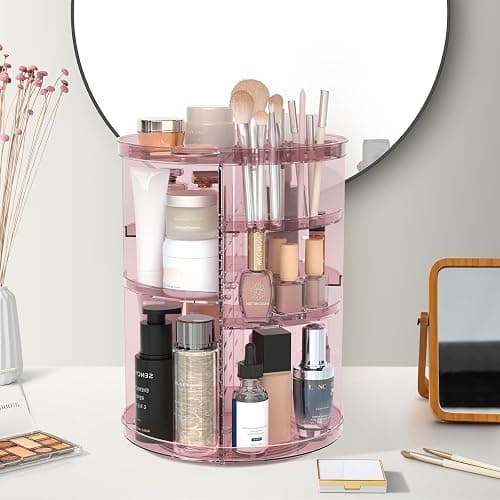 Rotating Makeup Organizer, DIY 8 Adjustable Layers 360 Spinning Skincare Organizers, Makeup Storage Carousel Tower with Brush Holder & Perfume Trays, Cosmetic Display Case for Vanity Bathroom - Clear Pink thumbnail 2