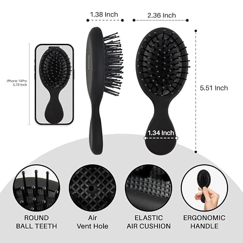 RHOS Mini Hair Brush for Women,Men and Kids-Travel Size Hair Brush for Purse,Pocket,backpack-Small Cushion Paddle Brush with Soft Bristles-Mini Detangler Brush for All Hair Types(1 Pack-Black) thumbnail 2