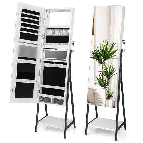 CHARMAID Standing Jewelry Armoire with Full Length Mirror, Lockable Jewelry Cabinet Organizer with Lights, 3 Lighting Modes, Foldable Makeup Tray, Storage Drawers & Shelves (White) thumbnail 9