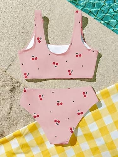 Luckydora Girl's Cherry Print Bikini Set Scoop Neck Crop Tank Two Piece Summer Swimwear Cute Bathing Suit Beach Outfit thumbnail 3