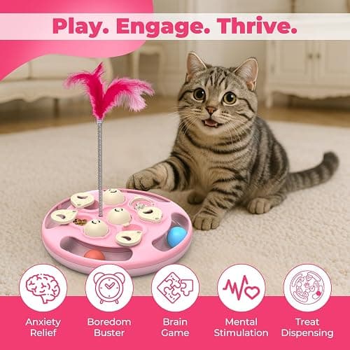 CGBD 3 in 1 Cat Treat Puzzle Feeder, Level 3 Interactive Cat Puzzle Toy with Track Balls, Feather Teaser & Slow Feeder Insert, Non-Slip Base, Mental Stimulation for Bored Indoor Cats, Pink thumbnail 2
