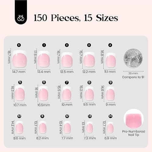 Beetles French Tips Press On Nails: 150 Pcs Pink Short Square Press On Nails Fake Nail Tips, Soft Gel Nail False Nails Art DIY Gifts For Women thumbnail 4