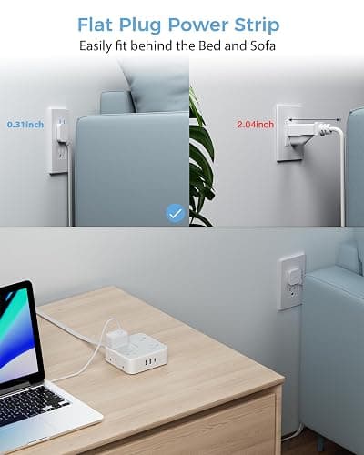 TESSAN Surge Protector Flat Extension Cord Flat Plug Power Strip, 8 AC Outlets, 3 USB Charger(1 USB C Port) 3 Sided Outlet Extender, 5 Ft, 900 Joules Protection, Office Supplies, Dorm Room Essentials thumbnail 3