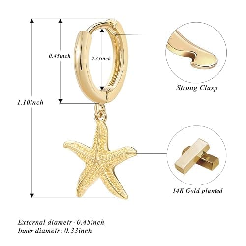 SANNYRA Huggie Earrings for Women - 14K Gold Plated Beach Sea Drop Dangle Earrings - Starfish Butterfly Moon Star Seashell Beachy Jewelry thumbnail 4