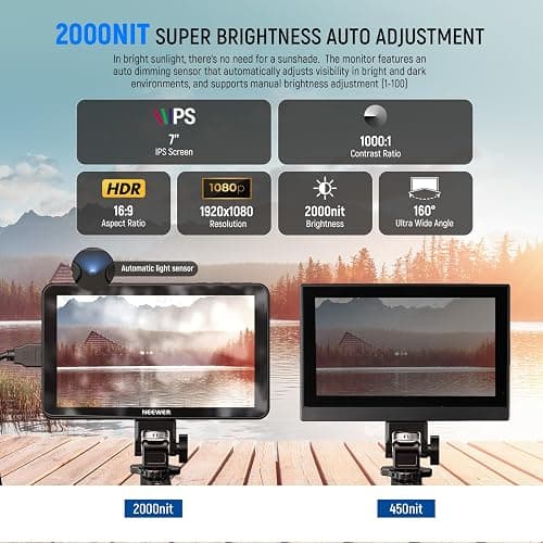 NEEWER F700 7" Moniteur de Terrain pour Caméra,écran Tactile IPS HD 2000nit 1920x1080 avec 3D LUT,Boucle d'Entrée/Sortie HDMI 4K avec Peak Focus DSLR Video Assist HDR Waveform,Batterie 5200mAh & Câble thumbnail 2