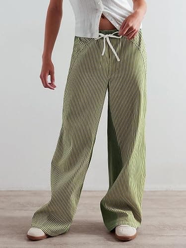 PEIHOT Low Rise Striped Pants for Women Pull On Drawstring Boho Wide Leg Jeans Trendy 2025 thumbnail 2