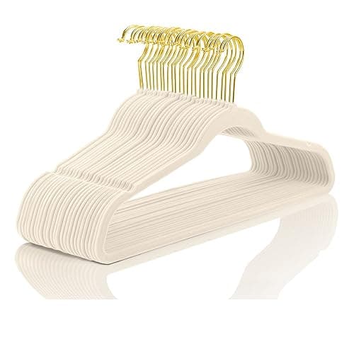 MIZGI Premium Velvet Hangers Pack 50 Pcs Heavyduty - Non Slip Slimline - Velvet Suit Hangers Ivory - Gold Hooks,Space Saving for Clothes - Ivory/Gold - 50-Pack - Image 1