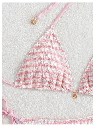 WDIRARA Women's Striped Halter Bikini Top Tie Backless Triangle String Cute Swim Tops with Charm thumbnail 3