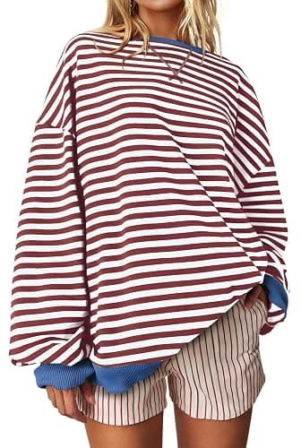 UEU Women Oversized Striped Crewneck Sweatshirt Long Sleeve Color Block Pullover Tops Casual Loose Workout Shirt - Image 1