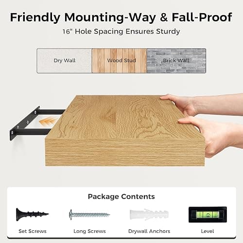 Floating Shelves 36 Inch Long, 12 Inch Deep Floating Shelves for Wall, 36 x 12 Shelves for Wall Storage & Display, 2" Thick Floating Shelf for Bathroom, Living Room, Bedroom, Oak Color, Set of 1 thumbnail 8