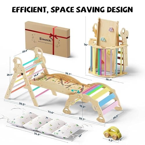 Bimomiki Pikler Triangle Climbing Set with Cushion, Foldable Climbing Toys Indoor, Montessori Toddler Gym, 10-in-1 Climber & Playground, Gift for Christmas, Birthday, New Year (Rainbow Valley) thumbnail 2