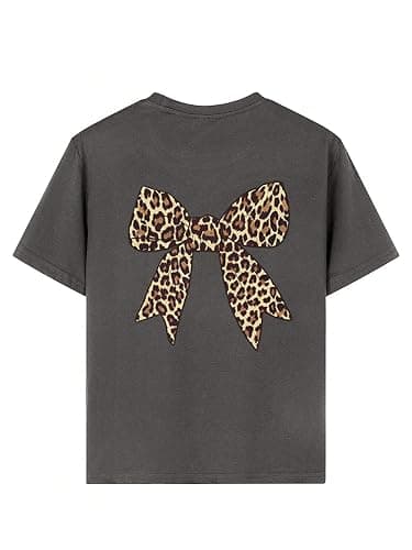 RoseSeek Girl's Bow Leopard Graphic Tees Short Sleeve Preppy Summer T Shirt Aesthetic Baggy Tops thumbnail 4