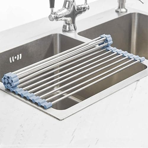 MECHEER Over The Sink Dish Drying Rack, Roll Up Dish Drying Rack Kitchen Dish Rack Stainless Steel Sink Drying Rack, Foldable Dish Drainer, Gray (20.4''x13.7'') thumbnail 6