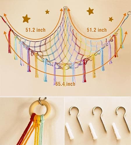Stuffed Animal Hammock Corner Storage Net Cute Preppy Trendy Stuff Gifts for Teen Girls Baby Room Wall Nursery Decor Rainbow Color Colorful Unicorn Hanging Organizers XL Large thumbnail 6