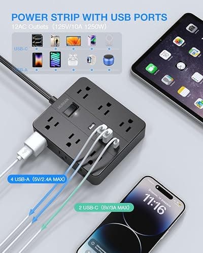 Flat Plug Power Strip Surge Protector, HUNIAN 5 Ft Extension Cord with 12 Widely Spaced Multiple Outlets 6 USB Charger (2 USB C Ports), Desk Charging Station for Home Office Supplies, Black thumbnail 4