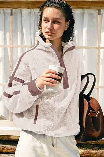Panadila Womens Half Zip Sherpa Fleece Pullover Soft Oversized Sweatshirt with Pockets Warm Fuzzy Sweater thumbnail 4