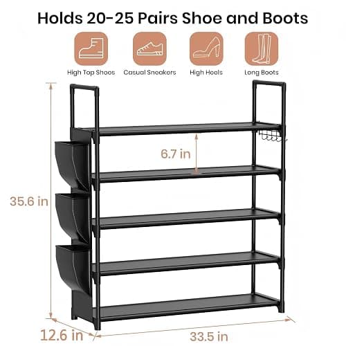 VILICK 5 Tier Shoe Rack with Hook and Side Pocket,Shoe Organizer Space Saver Storage for 20-25 Pair Shoe Storage Shelf Sturdy Free Standing Long Shoe Rack Organizer for Closet,Entryway,Small Spaces thumbnail 3