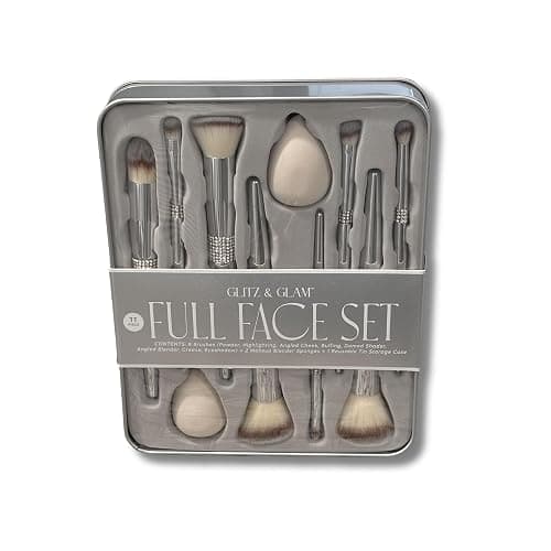 Glitz & Glam 11-Piece Full Face Makeup Brush & Sponge Set with Reusable Storage Tin (Silver) - Image 1