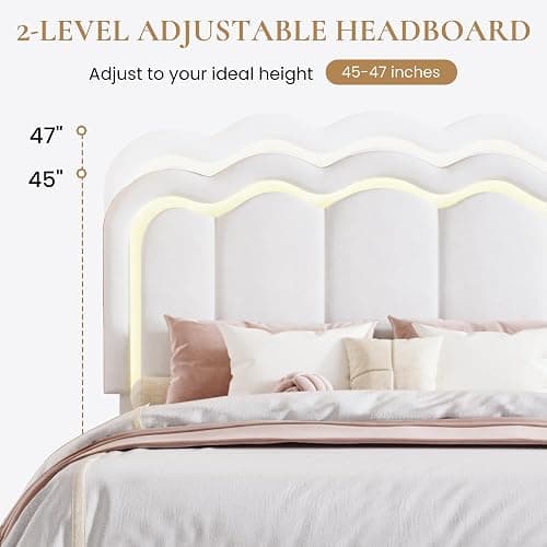 SHA CERLIN Upholstered Queen Size Bed Frame with LED Lights and Large Storage Drawer, Velvet Platform Bed with Adjustable Wavy Headboard, Noise Free, Easy Assembly, No Box Spring Needed, Soft White thumbnail 6