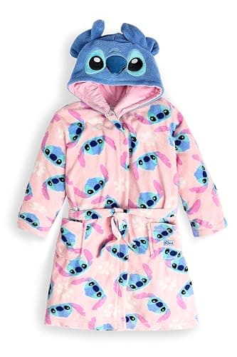 Girls' Stitch Fleece Robe – Soft and Cosy Hooded Dressing Gown with Cute Stitch Ears and Floral Print | Nightwear Ages 7-12 - V3_9817 - 9-10 Years - Image 1