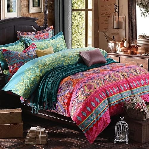 Boho Queen Duvet Cover, 100% Microfiber Ethnic Bohemian Colorful Bedding Set for Men Women, Yellow Orange Modern Geo Bohemian Print Duvet Cover, with Zipper Closure Luxury Soft Durable (Queen, 3pcs) - Image 1