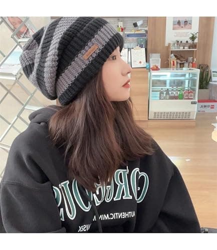 TYHOTULY Women Striped Color Block Beanies Y2k Grunge Emo Vintage Knit Fall Winter Slouchy Skull Cap Outdoor Winter Warm Hat thumbnail 2