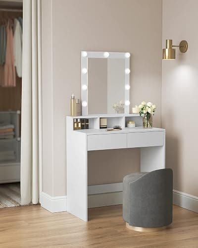 VASAGLE Dressing Table, LED Lights with Adjustable Brightness, Vanity Table with Mirror, 2 Drawers and 3 Compartments, Makeup Desk, Modern, KAILYN Collection Cloud White RDT194T14 thumbnail 9