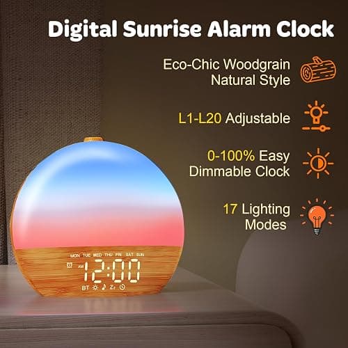 Sunrise Alarm Clock with Sound Machine - Wake Up Light, Wood Grain, Bluetooth, Dual Digital Alarm Clocks for Bedrooms, Adjustable Brightness, 30 Sleep Sounds, White Noise Machine for Baby & Adults thumbnail 8
