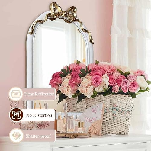 iyabat 36x24 Arched White Bow Wall Mirror with Gold Ribbon, Vintage Vanity Mirror for Bedroom & Nursery Decor, Cute Coquette Aesthetic Engineered Wood Frame, Shabby Chic Style thumbnail 5