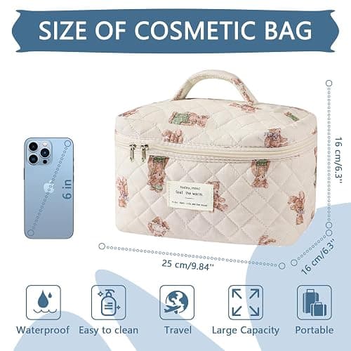 Large Makeup Bag, Cute Cosmetic Bag for Women Girls, Floral Coquette Aesthetic Toiletry Bag, Travel Make Up Organizer Bag (White-Bear) thumbnail 3