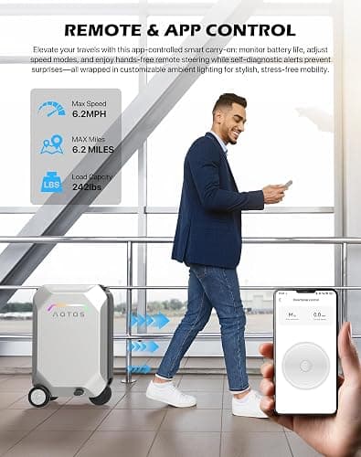 AOTOS Smart Rideable luggage-Roller carry-on luggage 22x14x9-TSA,Airline-Approved 22 inch Hardshell,Zipperless Travel Suitcase with Rolling Wheels,App Control-Cabin Suitcase for Airport Travel(Silver) thumbnail 5