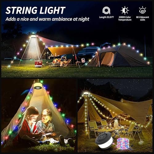 Camping String Lights,2 in 1 Upgraded 32.8FT Rechargeable Tent Lights String with 19 Lighting Modes,Quick Storage Camping Lights，Portable LED Lamp for Bedroom Yard Decor Christmas Camping(Black) thumbnail 4