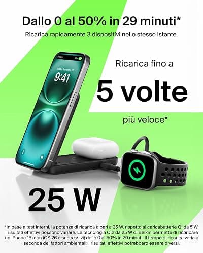 Belkin UltraCharge Caricatore iPhone Qi2, Stazione di Ricarica Wireless 2 in 1 25W, Caricatore Wireless Compatibile con MagSafe per iPhone, AirPods, Pixelsnap con Porta USB-C e Adattatore 45W, Nero thumbnail 2