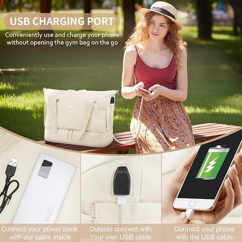 ETRONIK Gym Bag for Women, Personal Item Travel Bag with Shoes Compartment, Weekender Overnight Duffel Bag with Wet Pocket & USB Charging Port, Carry On Bag for Women, Travel, Gym, Weekend (Beige) thumbnail 6