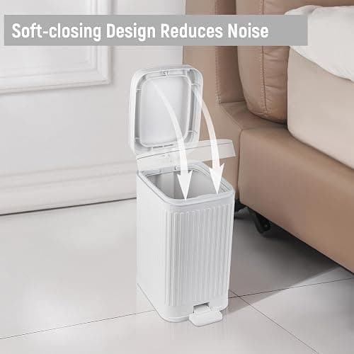 Small Bathroom Trash Can with Lid, 1.9 Gallon Slim Soft Close Step, White | Garbage Can with Pedal for Office, Bedroom, Kitchen & Living Room, Narrow Plastic Wastebasket Container for Small Spaces thumbnail 4