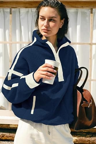 Panadila Womens Half Zip Sherpa Fleece Pullover Soft Oversized Sweatshirt with Pockets Warm Fuzzy Sweater thumbnail 4