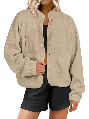 ANRABESS Womens Fuzzy Fleece Jacket Fall Casual Long Sleeve Cropped Sherpa Button Down Shacket Coats Outwear With Pockets - Image 1