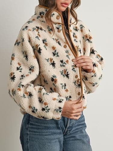 Joiemont Womens Floral Print Fluffy Fleece Jacket Snap Button Winter Teddy Fleece Jacket Casual Faux Fur Outwear thumbnail 3