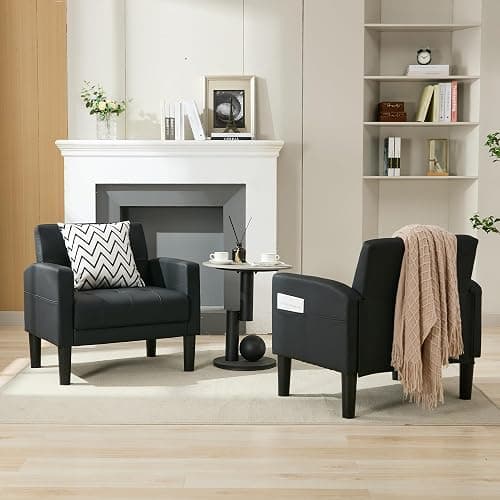 TYBOATLE Accent Chair Set of 2 Living Room Chairs Cozy Tufted Mid Century Modern Black Accent Chairs with Arms for Bedroom Comfy Reading Arm Chair Small Chairs for Small Spaces Office(2, Black) - 30.9inch-2 - Black thumbnail 8