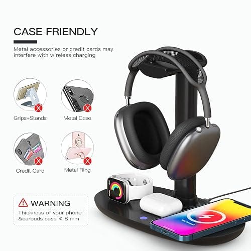 Headphone Stand with 15w Wireless Charger, Suguder 4 in 1 Charging Station Headset Holder for AirPods Max/Pro/4/3/2 iWatch 10/9/8/7/6/5/4/3/2/1/SE iPhone 16/15/14/13/12/11/X for Desktop Table Game thumbnail 5