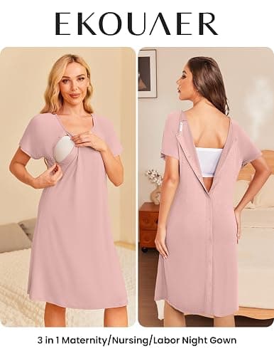 Ekouaer Women’s Nursing/Delivery/Labor/Hospital Nightdress Short Sleeve Maternity Nightgown with Button S-XXL thumbnail 2