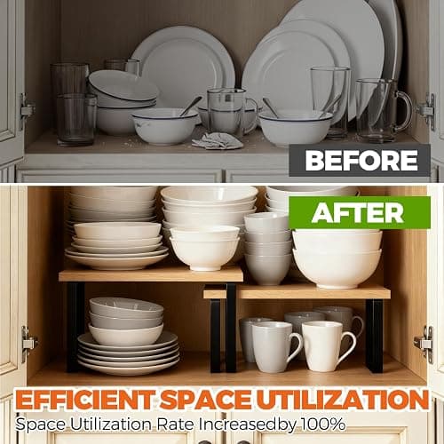 HYASTO Cabinet Organizer Shelf - 2 Pack Wood Kitchen Organizer, Upgraded Cabinet Organizer Shelf for Kitchen Storage, Countertop, Spice Rack, Stackable, Expandable, Ink Black and Natural Beige thumbnail 4