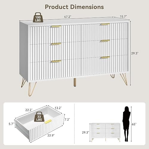 BAZELOR White Fluted 6 Drawer Dresser for Bedroom, Gold Handles, 47.2" W | Modern Wood Chest of Drawers with Scratch-Proof Metal Handles for Living Room, Hallway, Entryway thumbnail 2